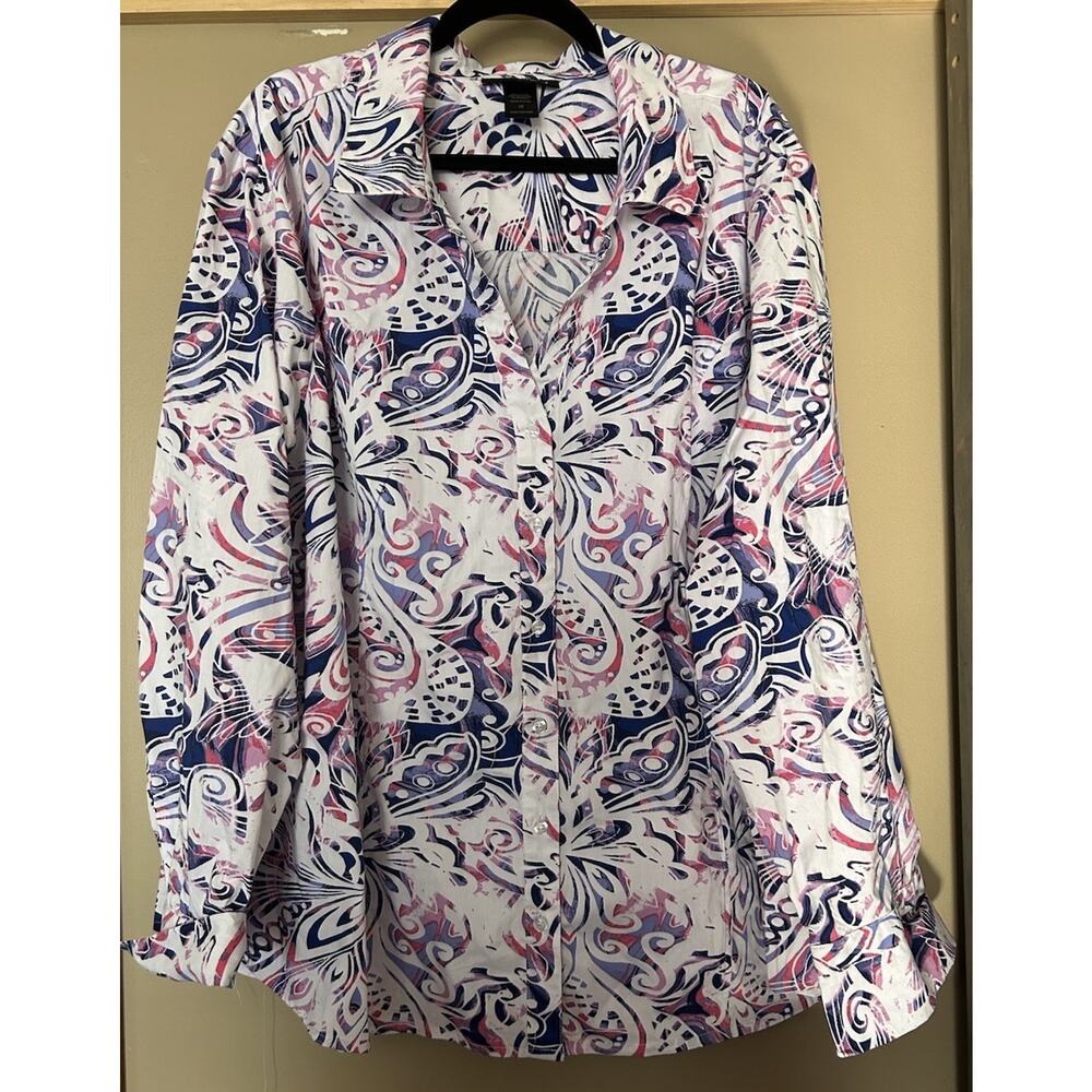 Ashley Stewart Tunic Button Down 3/4 Sleeve Print White Pink Purple Blue size 28